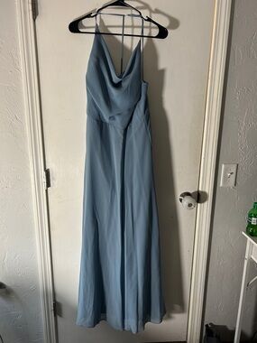 Jenny Yoo Strapless Cowl-Neck Maxi Dress in Dusty Blue